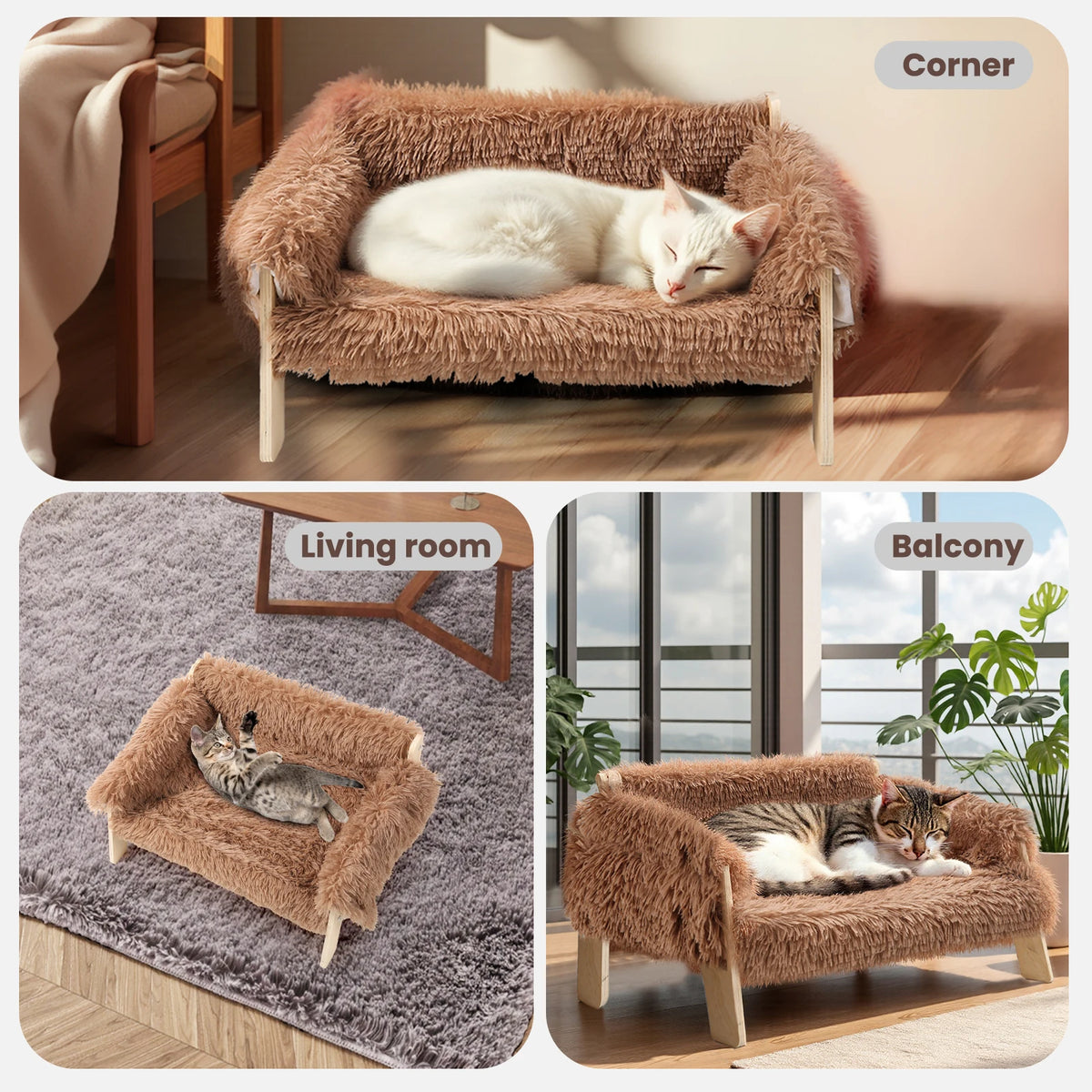 Soft Plush Elevated Cat Sofa Bed With Sturdy Wooden Legs