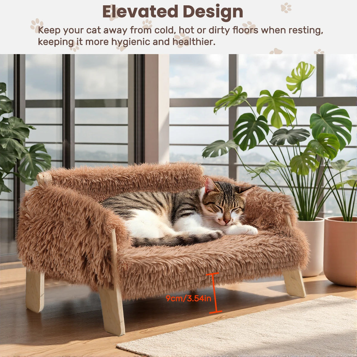 Soft Plush Elevated Cat Sofa Bed With Sturdy Wooden Legs