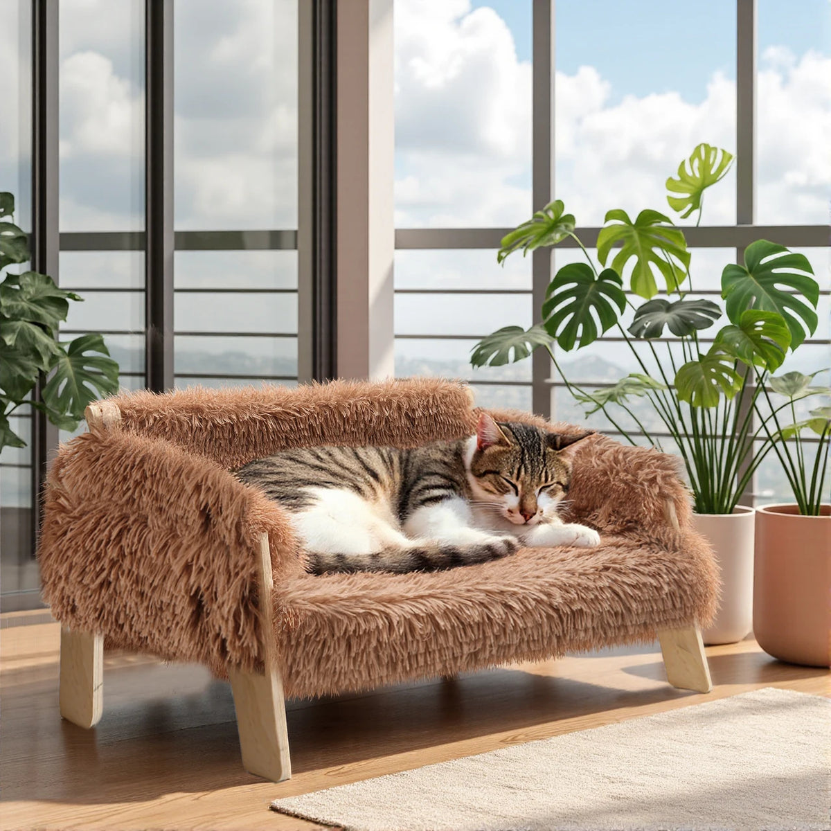 Soft Plush Elevated Cat Sofa Bed With Sturdy Wooden Legs