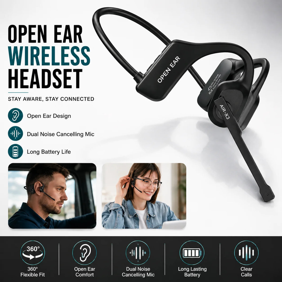 Wireless Bone Conduction Bluetooth Headset With Dual Noise Cancelling Mic