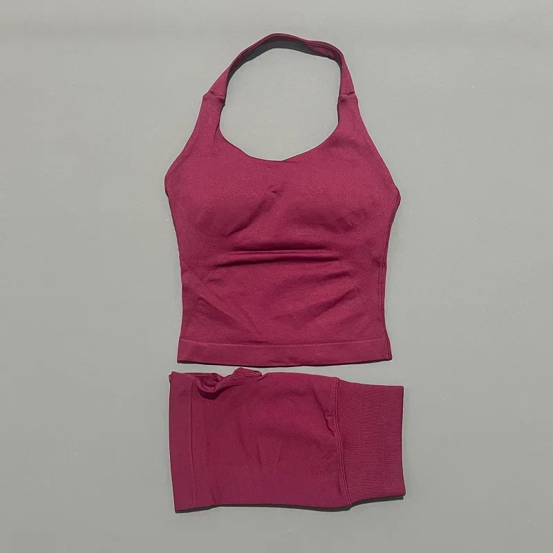 Seamless Nylon Women Two Piece Yoga Set With Halter Top