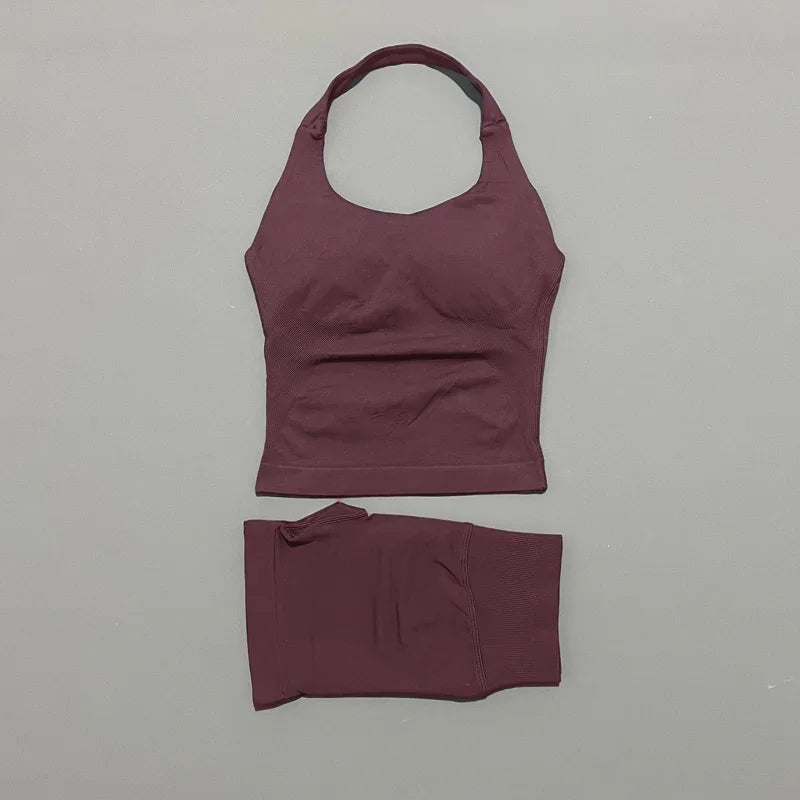 Seamless Nylon Women Two Piece Yoga Set With Halter Top