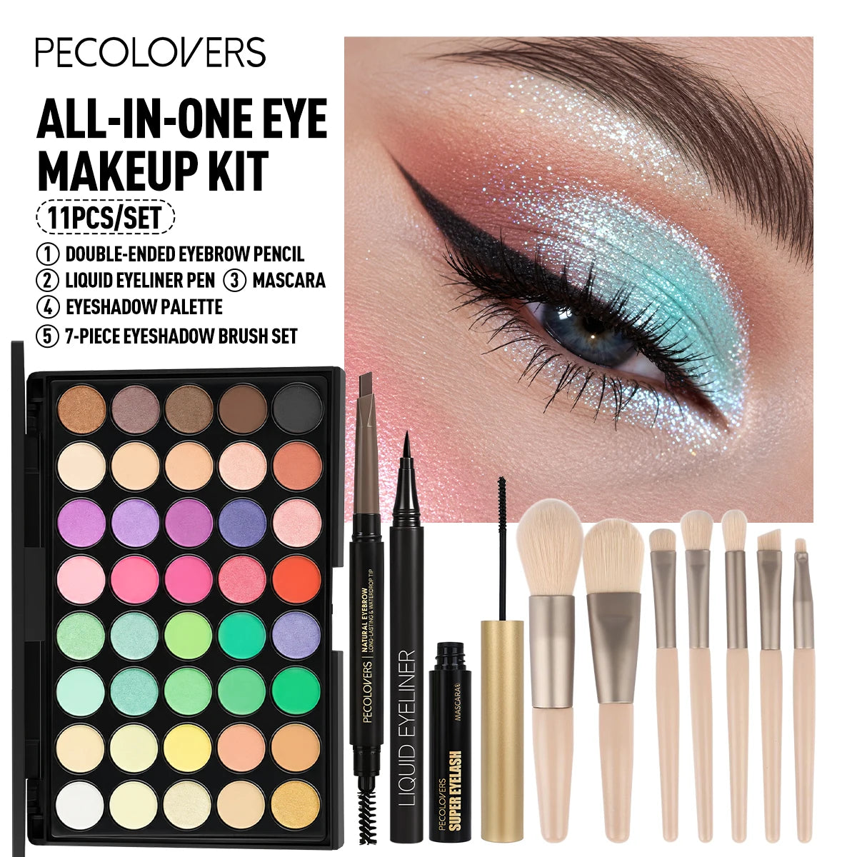 Complete Eye And Brow Makeup Set With Palette And Brushes