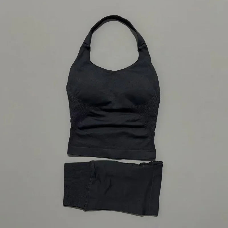 Seamless Nylon Women Two Piece Yoga Set With Halter Top