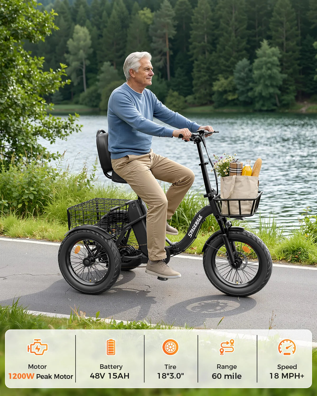 Spacewalk Folding Electric Trike With Cargo Basket For Adults
