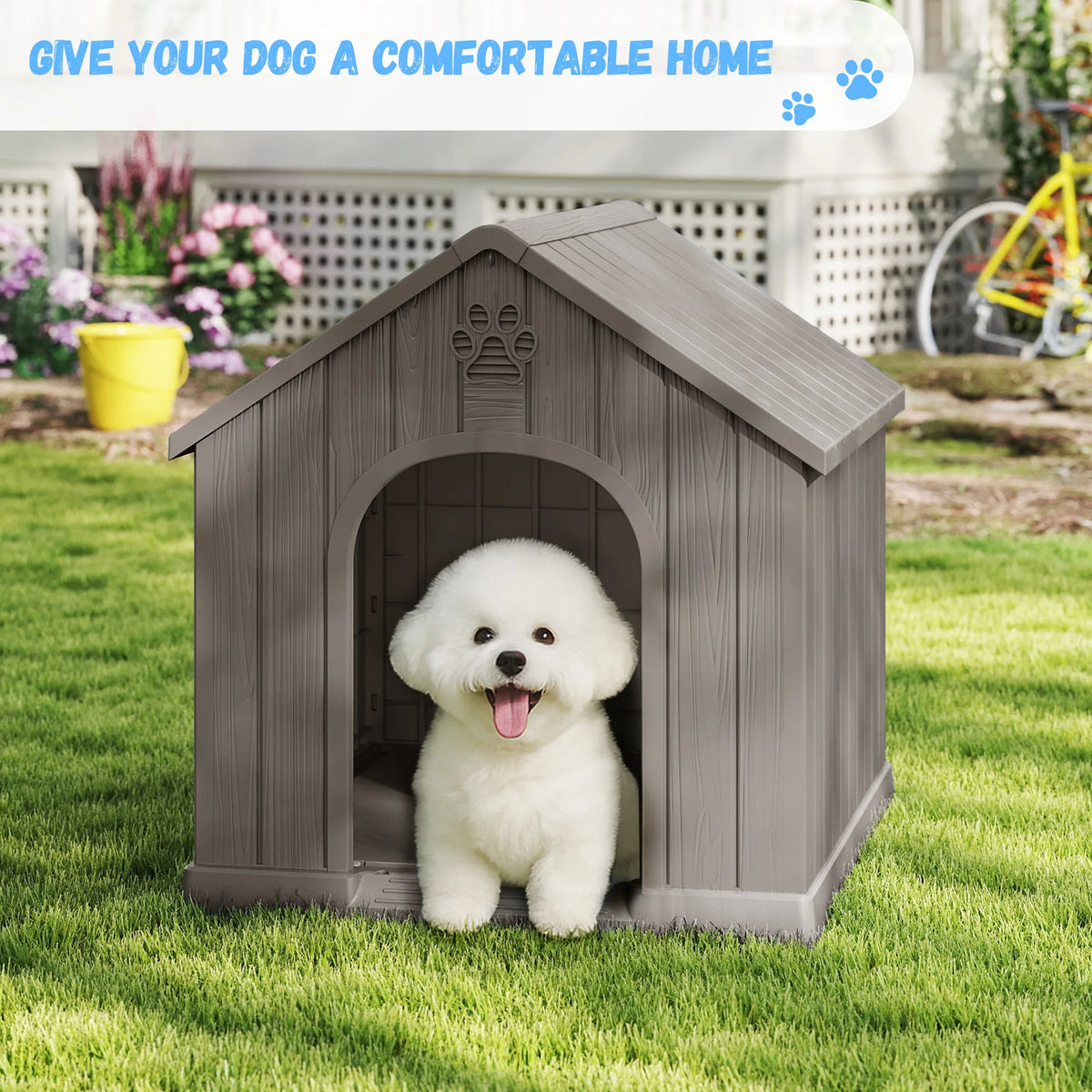 Weather Resistant Plastic Dog House For Outdoor Patio Backyard