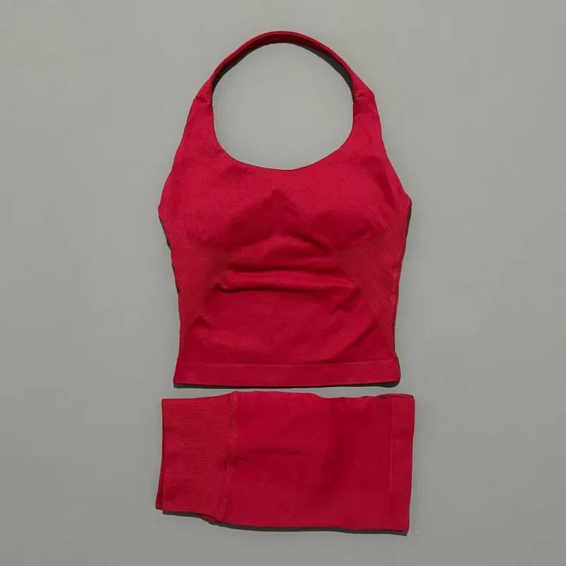 Seamless Nylon Women Two Piece Yoga Set With Halter Top