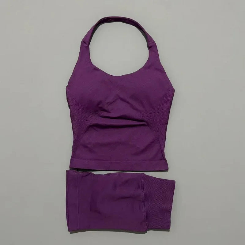 Seamless Nylon Women Two Piece Yoga Set With Halter Top