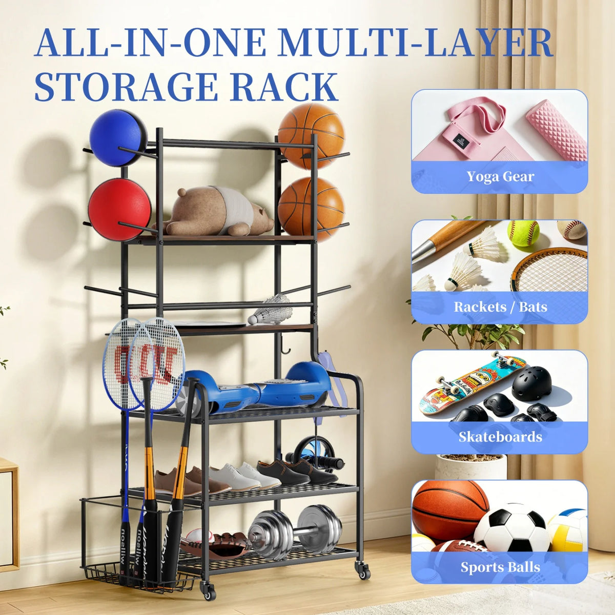 Mobile Gym Storage Rack On Wheels For Yoga Mats And Equipment