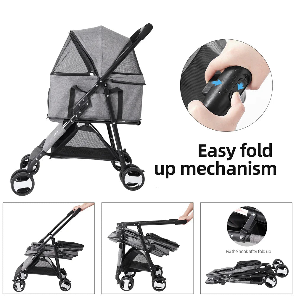 Foldable Pet Dog Stroller With Wheels And Rain Cover
