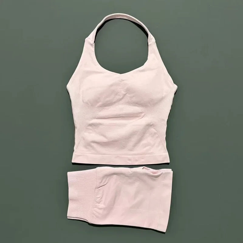 Seamless Nylon Women Two Piece Yoga Set With Halter Top