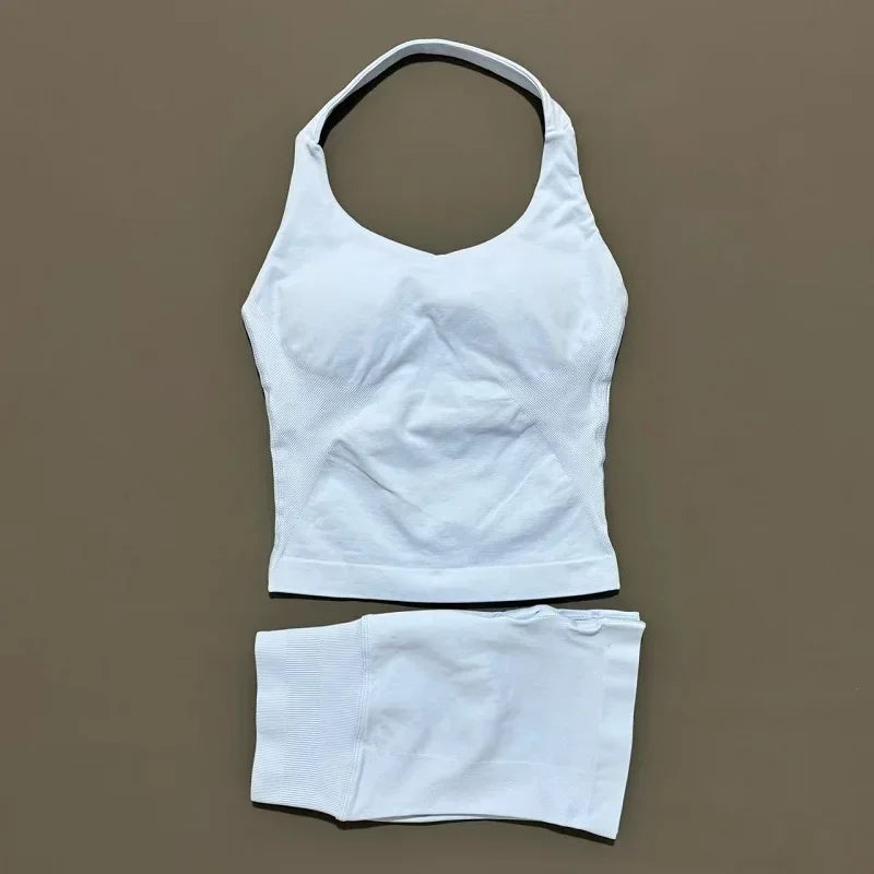 Seamless Nylon Women Two Piece Yoga Set With Halter Top