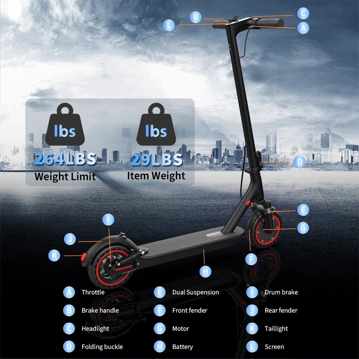 LADPED LP07 350W Electric Scooter 19mph App Control Dual Suspension
