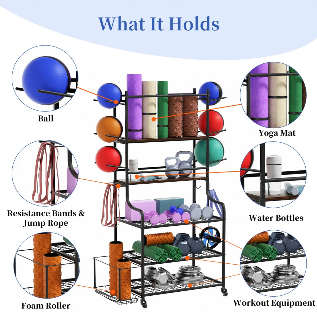 Mobile Gym Storage Rack On Wheels For Yoga Mats And Equipment