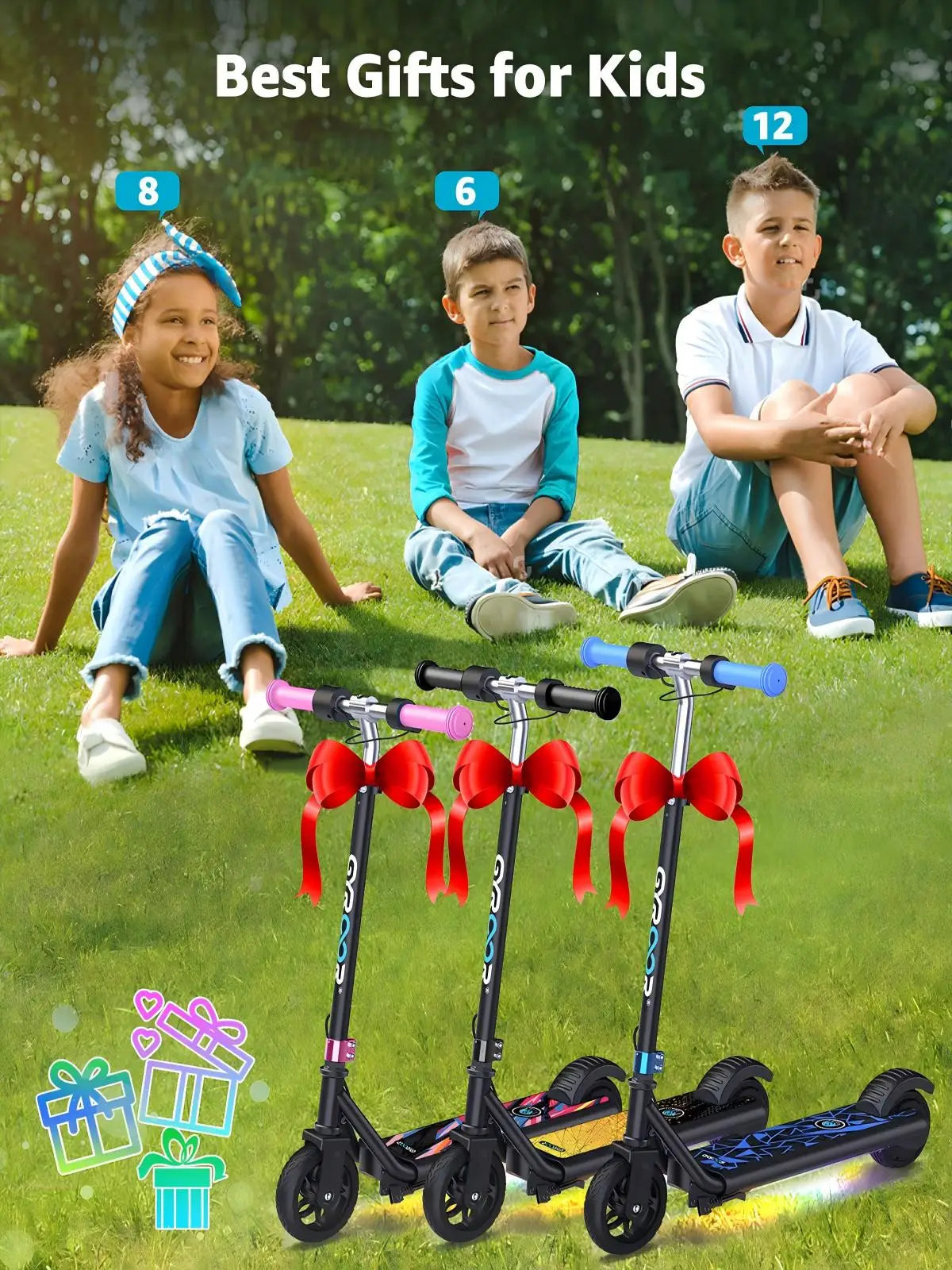 GYROOR Kids Electric Scooter With Led Lights And Adjustable Handlebars