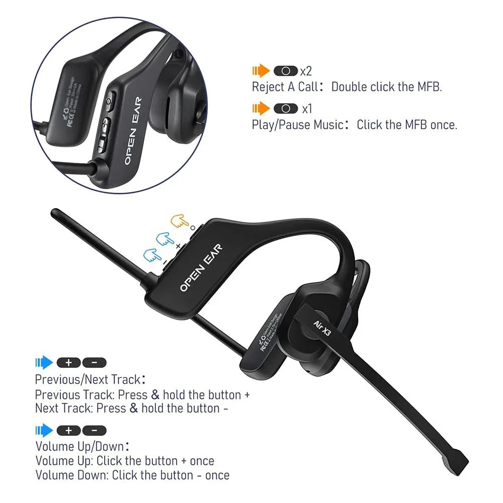 Wireless Bone Conduction Bluetooth Headset With Dual Noise Cancelling Mic