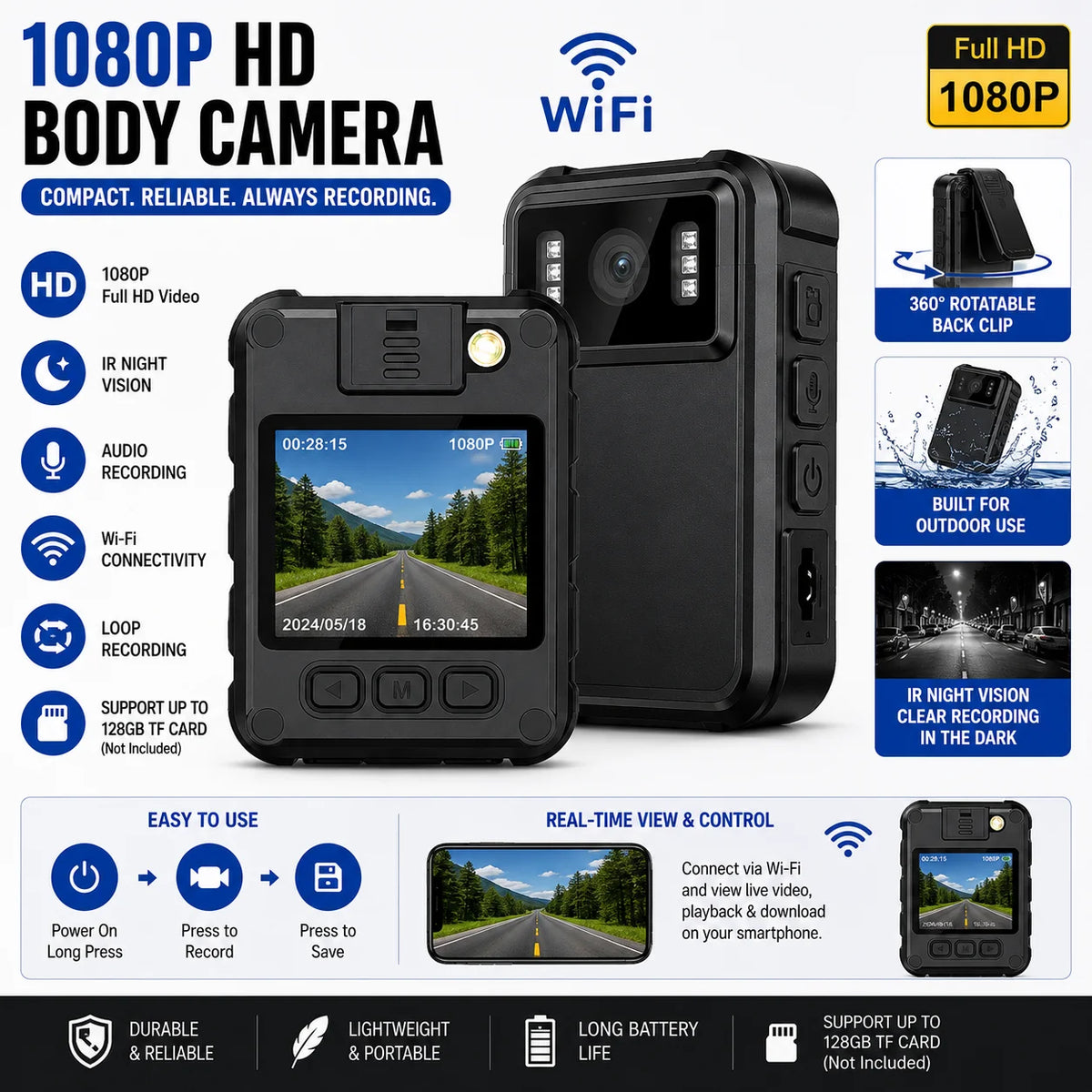 1080P HD WiFi Body Camera With Screen And Night Vision