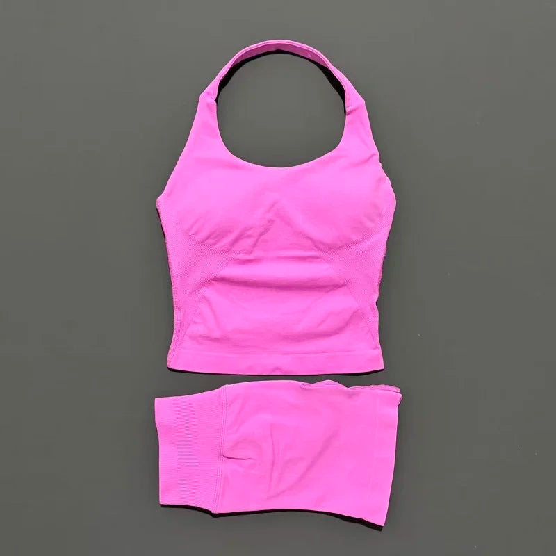 Seamless Nylon Women Two Piece Yoga Set With Halter Top