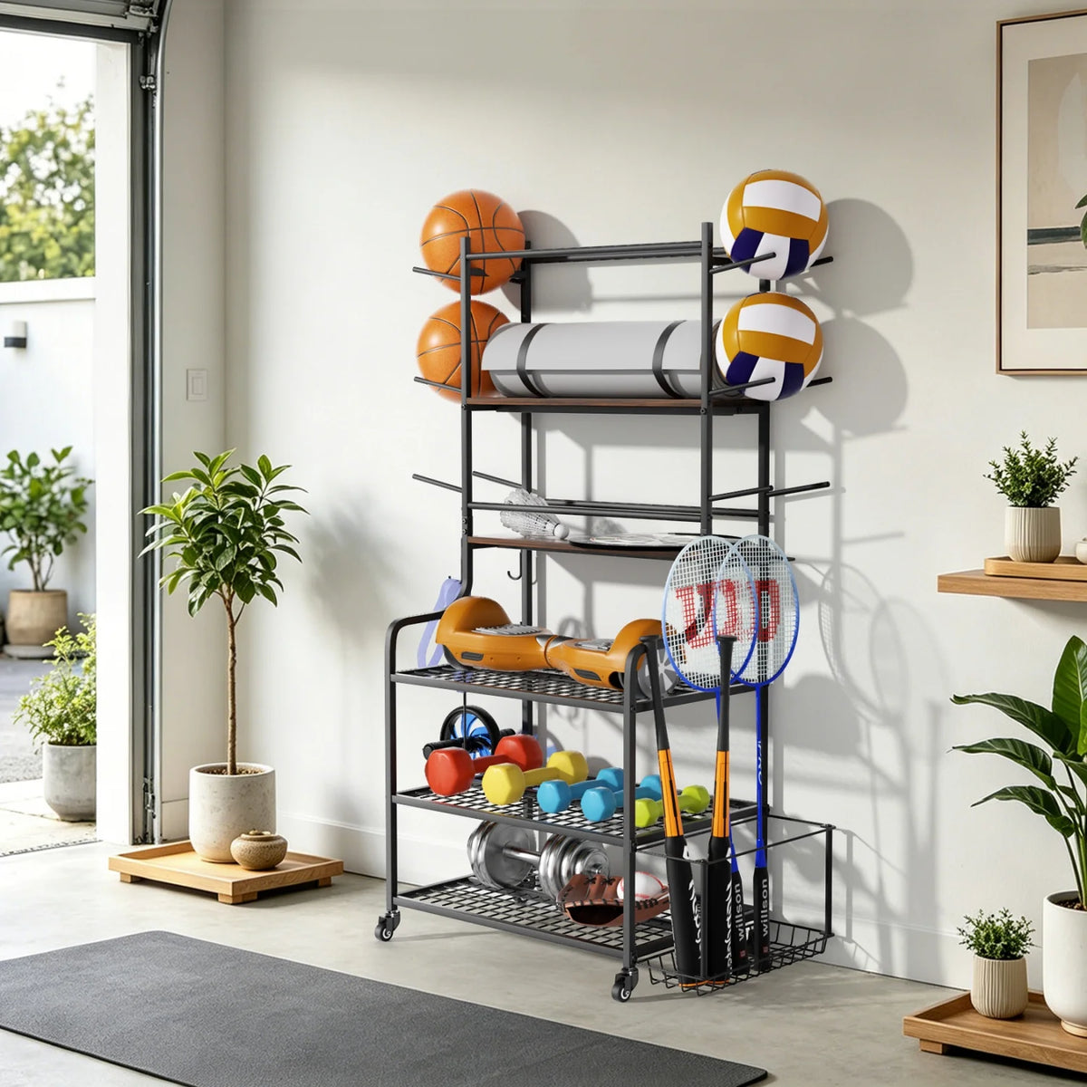 Mobile Gym Storage Rack On Wheels For Yoga Mats And Equipment