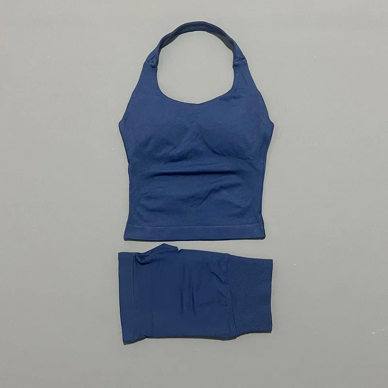 Seamless Nylon Women Two Piece Yoga Set With Halter Top