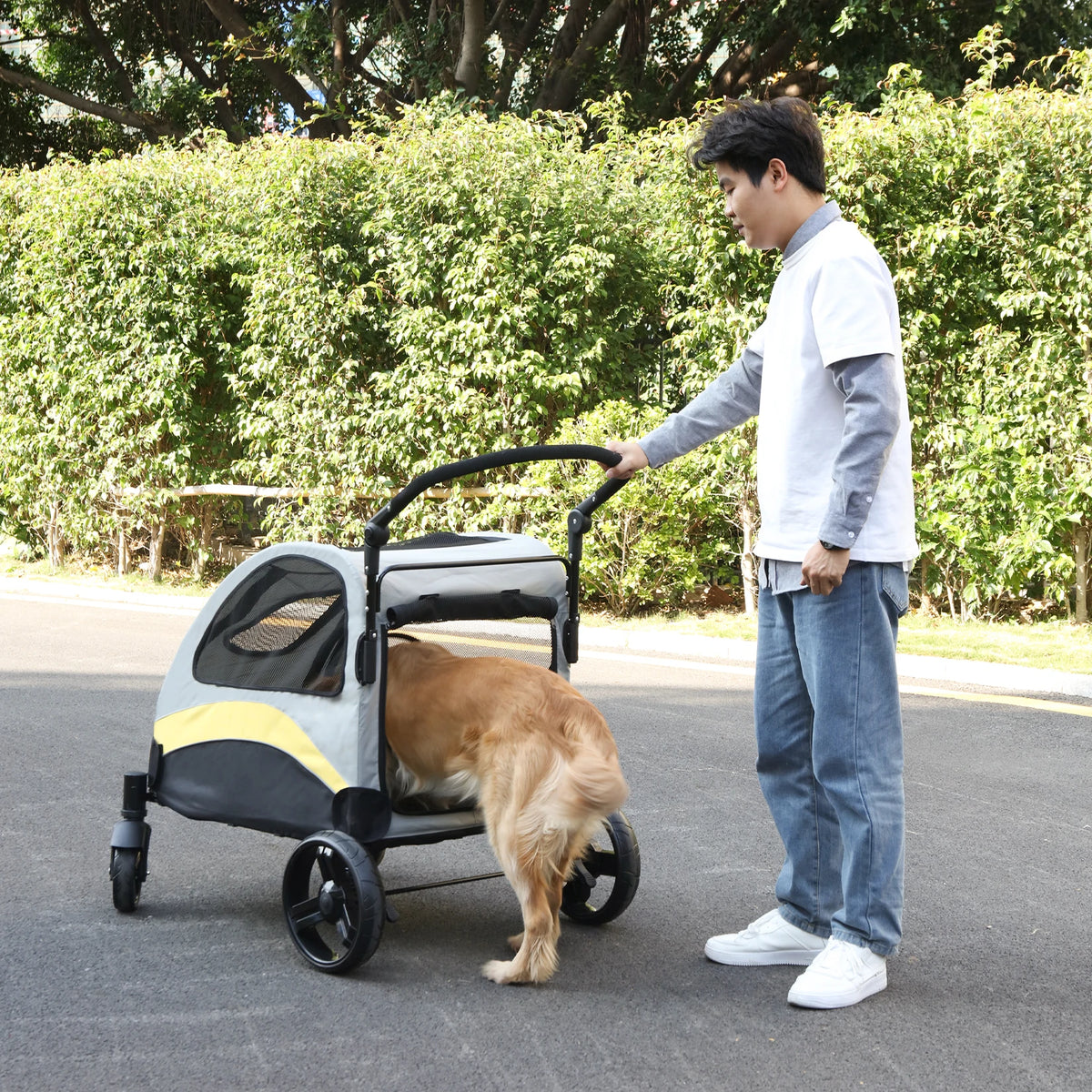 Portable Four Wheel Foldable Dog Stroller With Breathable Mesh Carrier