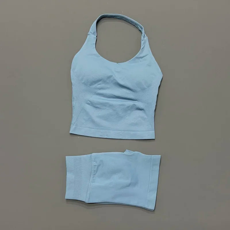Seamless Nylon Women Two Piece Yoga Set With Halter Top
