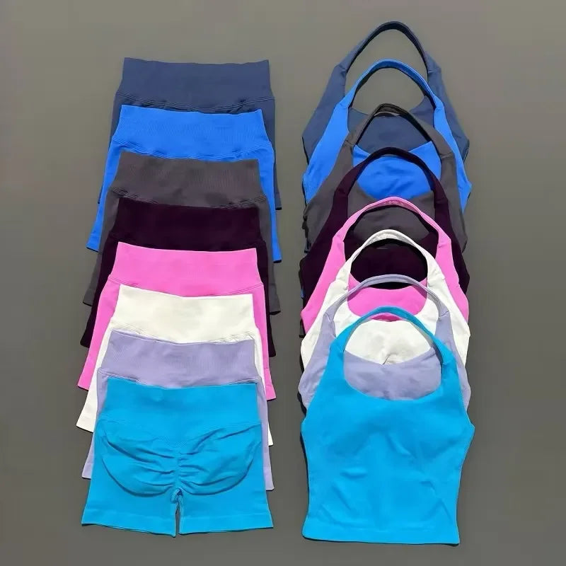Seamless Nylon Women Two Piece Yoga Set With Halter Top