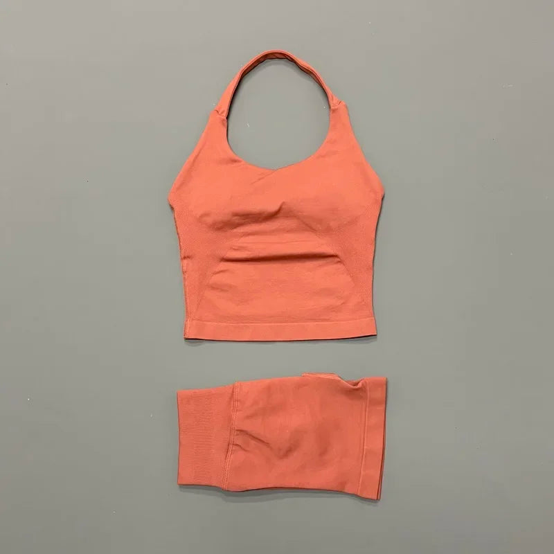 Seamless Nylon Women Two Piece Yoga Set With Halter Top