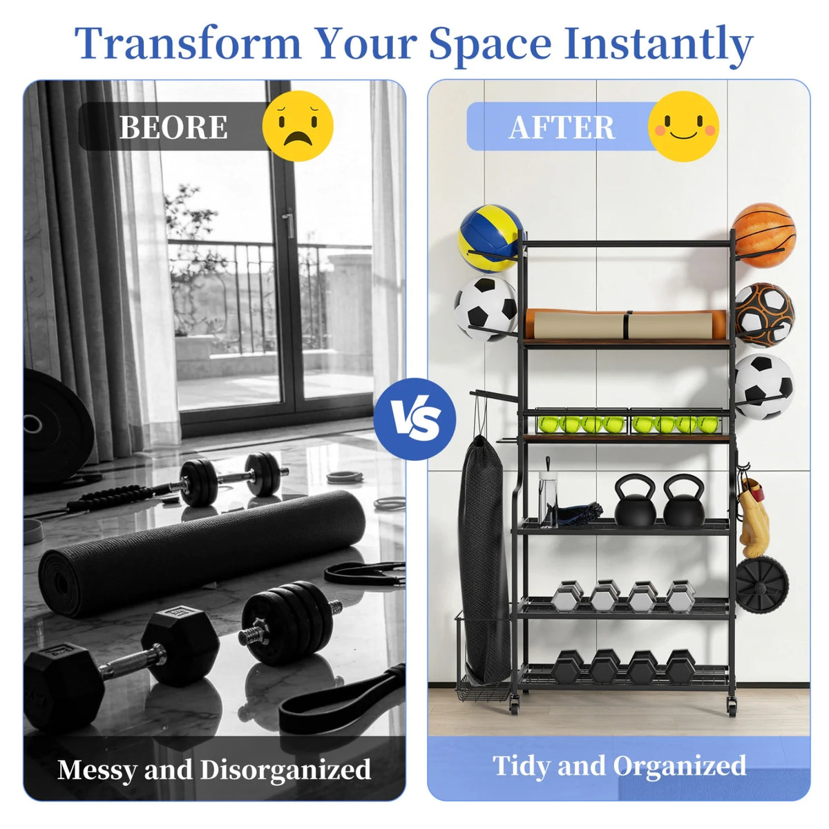 Mobile Gym Storage Rack On Wheels For Yoga Mats And Equipment