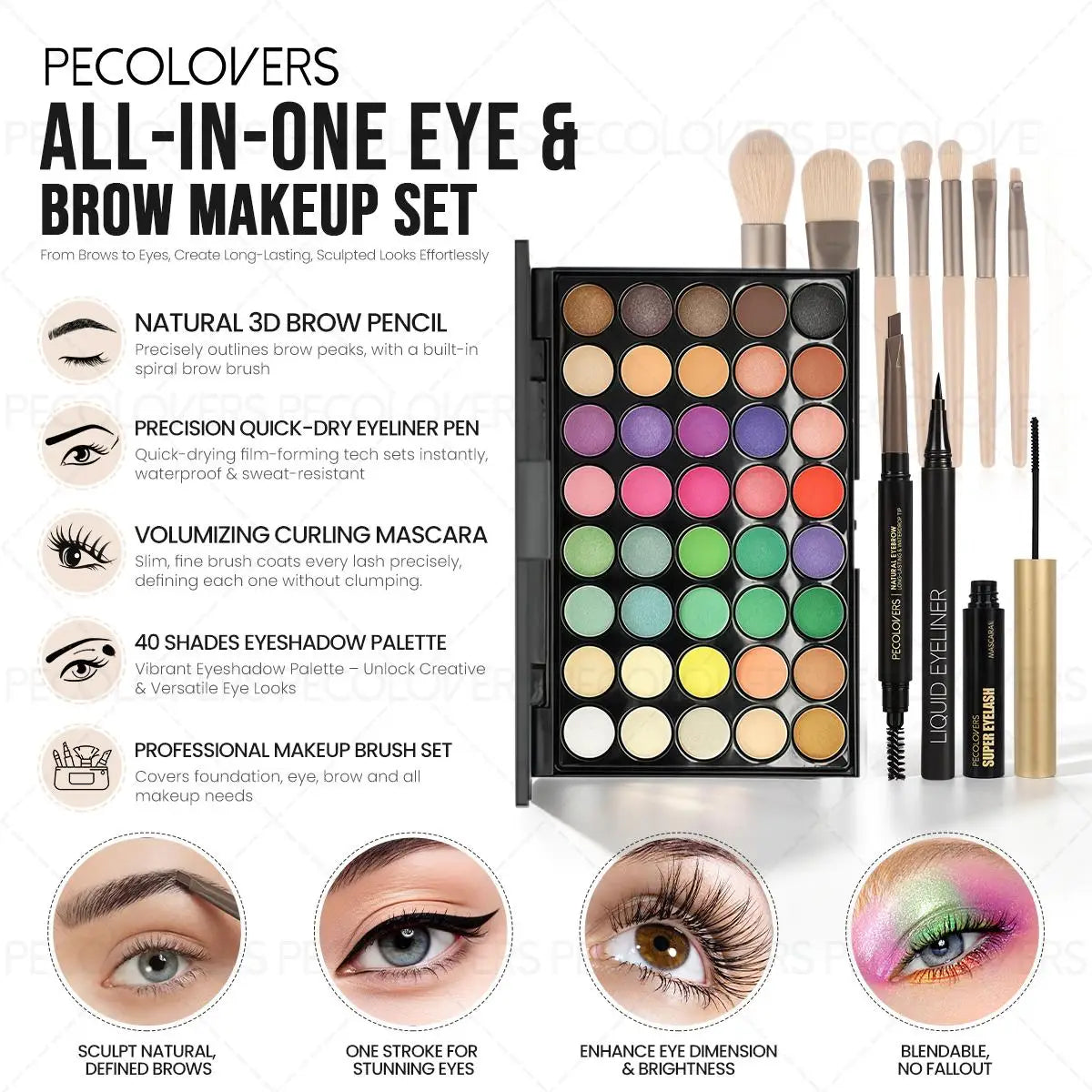 Complete Eye And Brow Makeup Set With Palette And Brushes