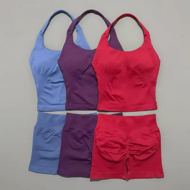 Seamless Nylon Women Two Piece Yoga Set With Halter Top