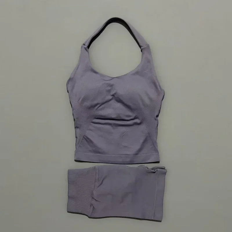 Seamless Nylon Women Two Piece Yoga Set With Halter Top