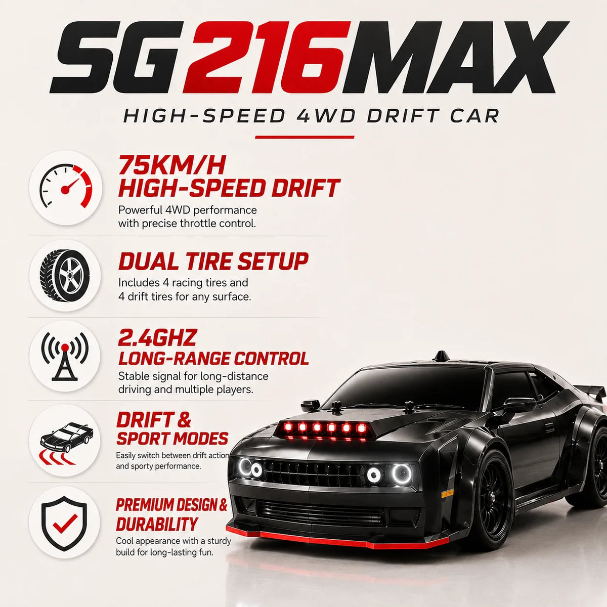 ZNLYRION Brushless 2.4GHz RC Drift Racing Car With LED Lights