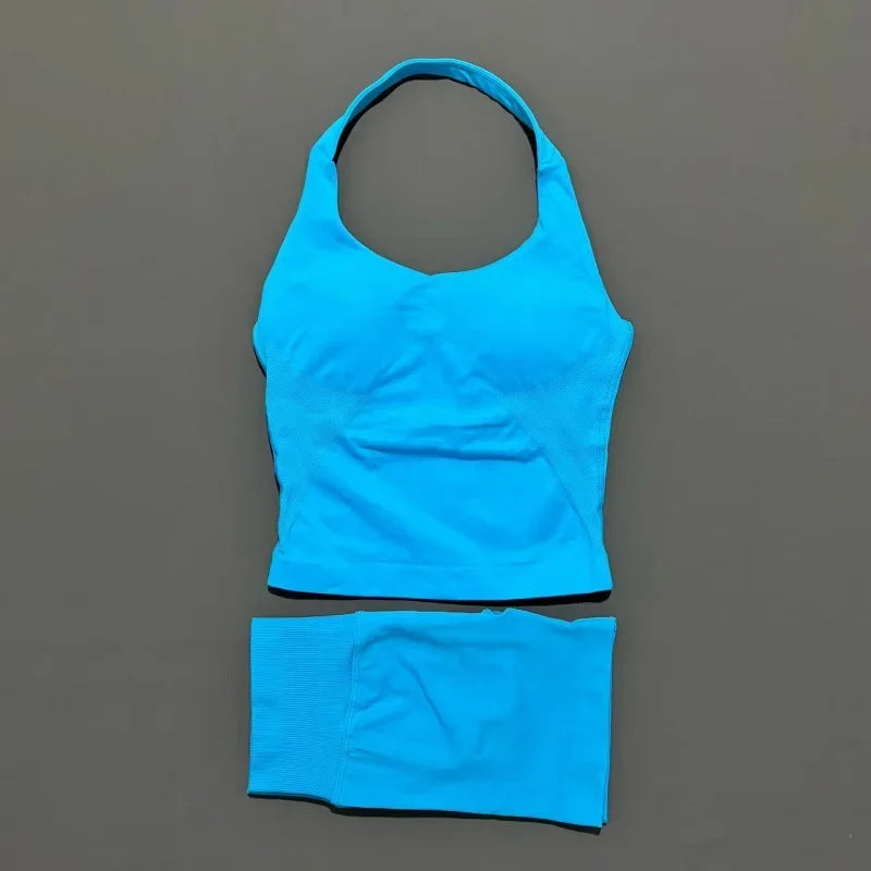 Seamless Nylon Women Two Piece Yoga Set With Halter Top