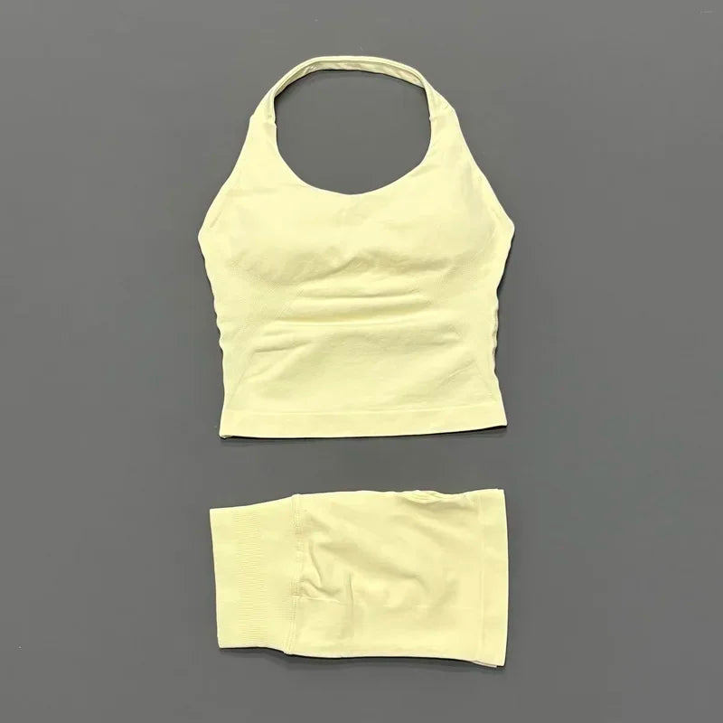 Seamless Nylon Women Two Piece Yoga Set With Halter Top