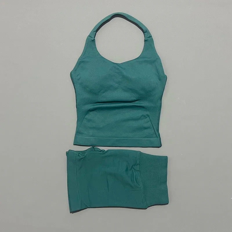 Seamless Nylon Women Two Piece Yoga Set With Halter Top