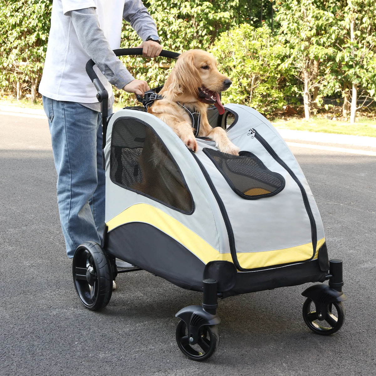 Portable Four Wheel Foldable Dog Stroller With Breathable Mesh Carrier