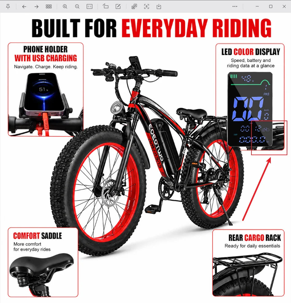 EOEOTWO 48V Fat Tire Electric Bike With Removable Battery