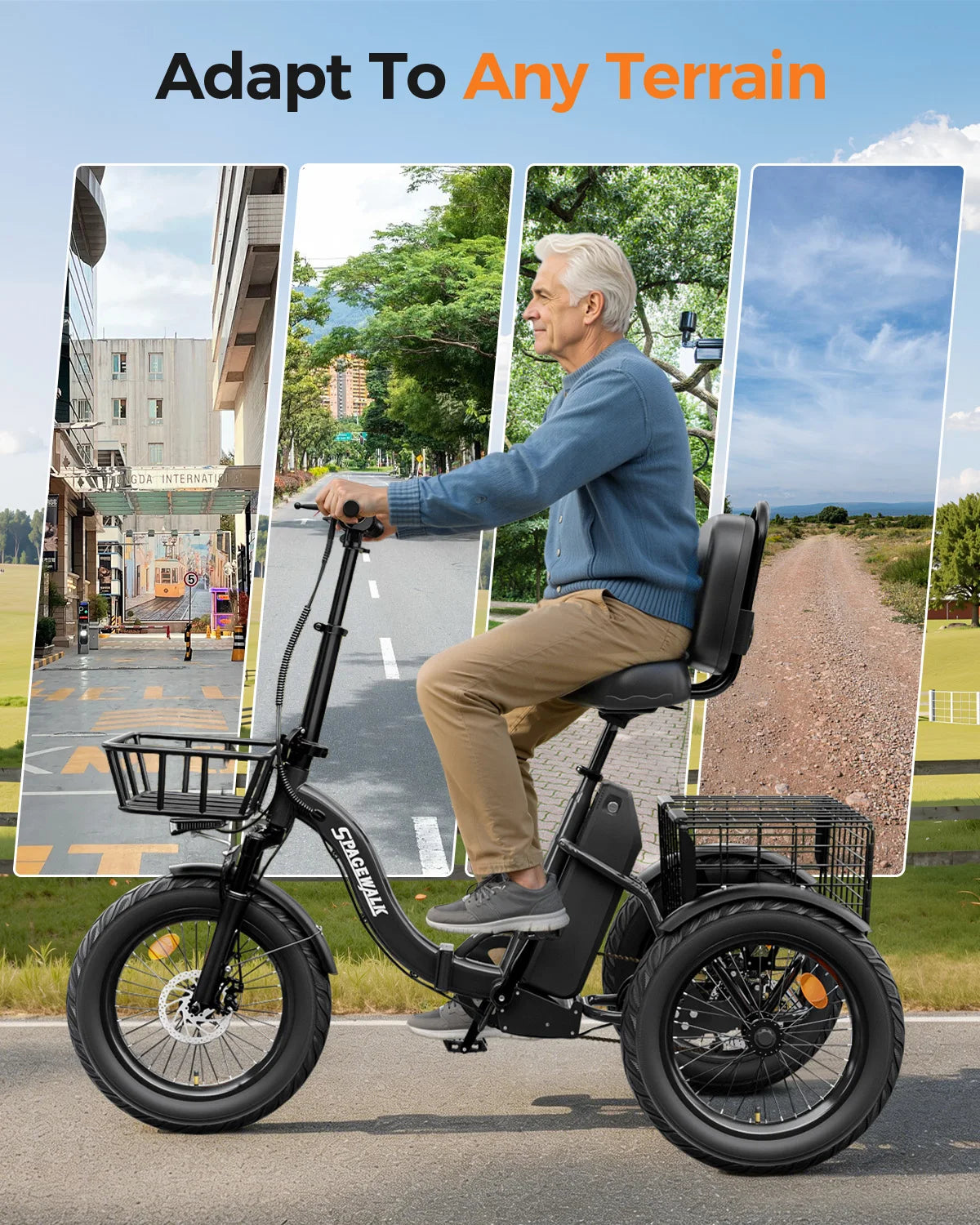 Spacewalk Folding Electric Trike With Cargo Basket For Adults