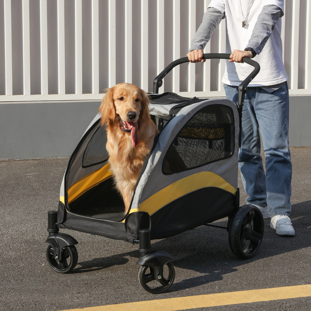 Portable Four Wheel Foldable Dog Stroller With Breathable Mesh Carrier