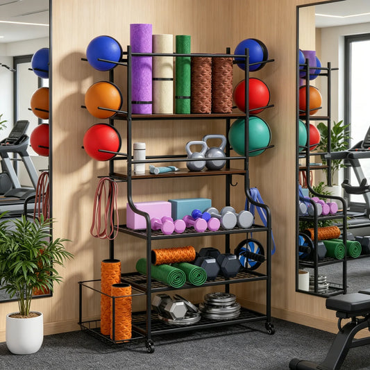Mobile Gym Storage Rack On Wheels For Yoga Mats And Equipment