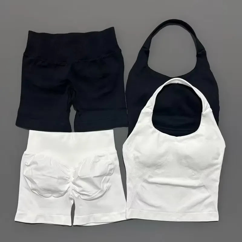 Seamless Nylon Women Two Piece Yoga Set With Halter Top