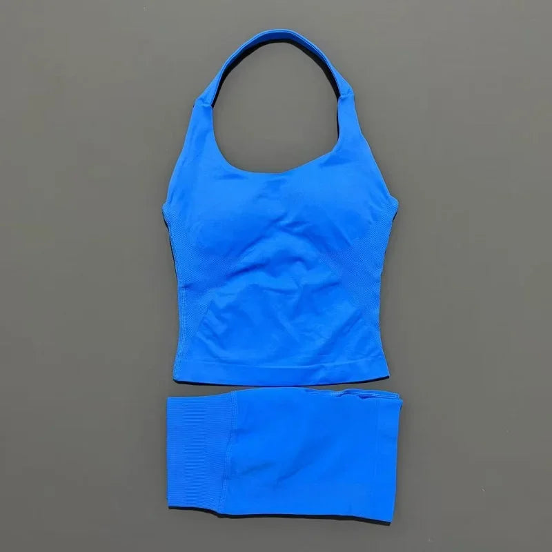 Seamless Nylon Women Two Piece Yoga Set With Halter Top