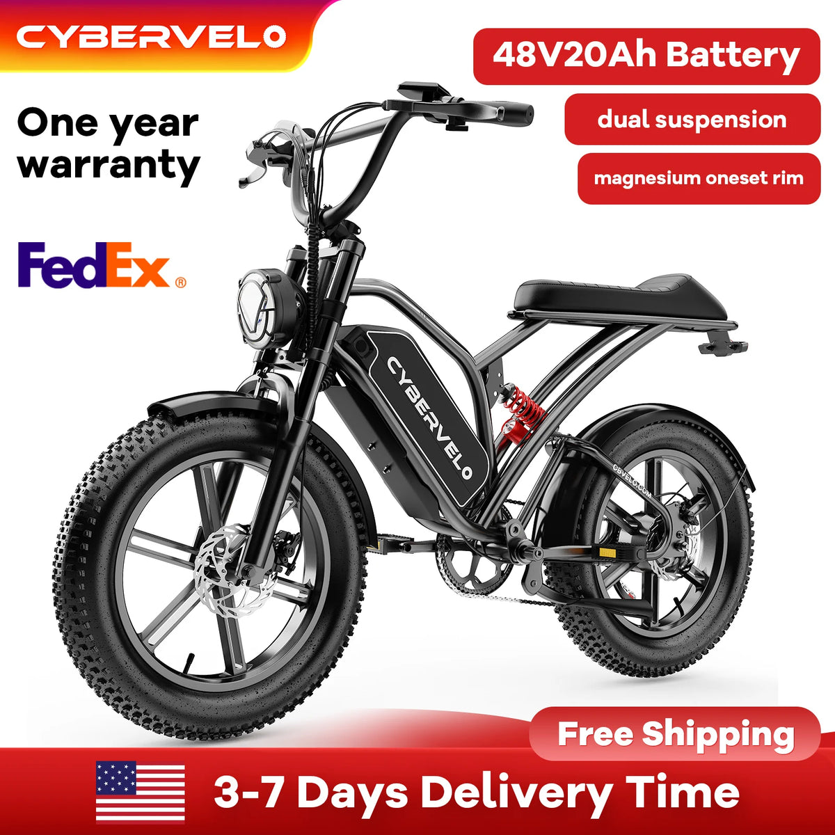 Cybervelo 1000W Fat Tire Electric Bike With Removable Battery