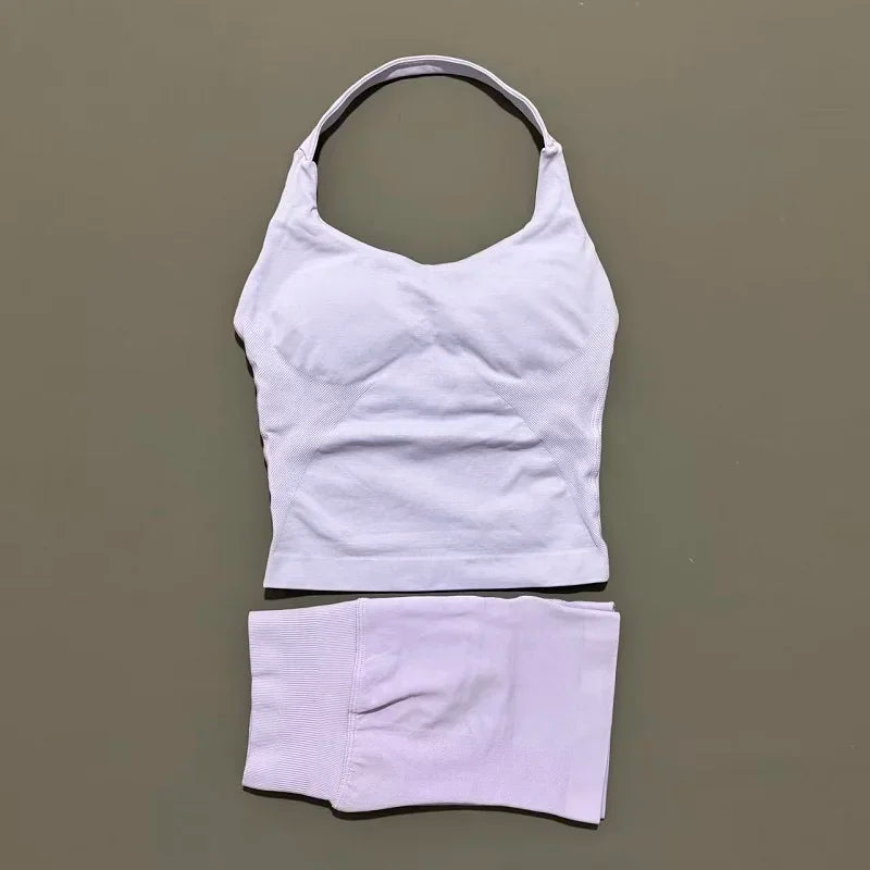 Seamless Nylon Women Two Piece Yoga Set With Halter Top
