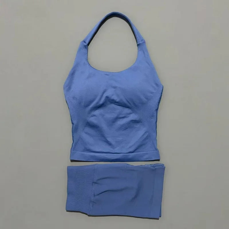 Seamless Nylon Women Two Piece Yoga Set With Halter Top