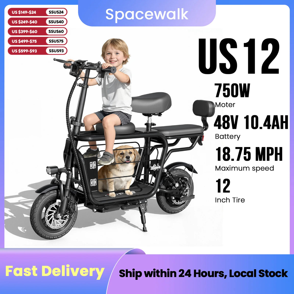 Eilleo Spacewalk 48V Foldable Electric Scooter With Seat And Basket