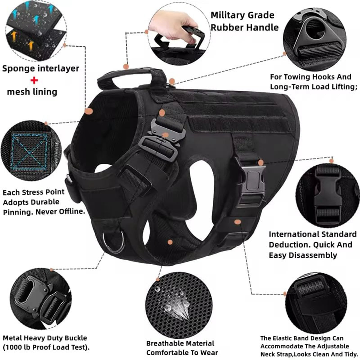 PETRAVEL Tactical Molle Dog Harness With Quick Release Buckle