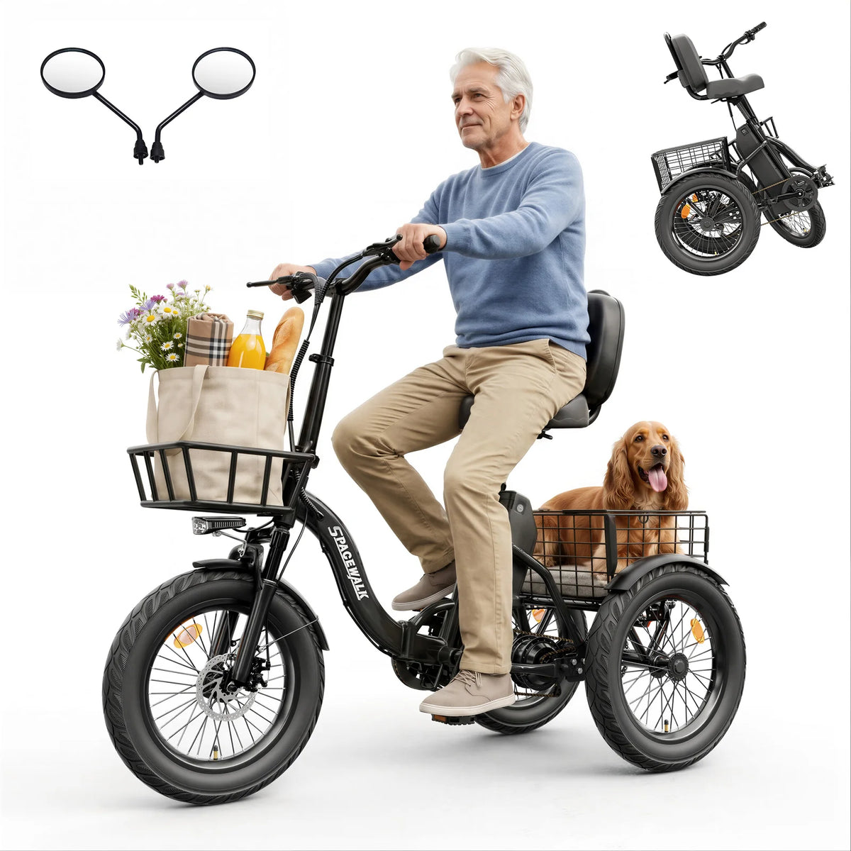 Spacewalk Folding Electric Trike With Cargo Basket For Adults