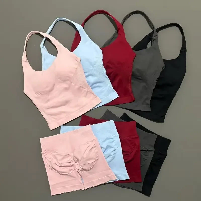 Seamless Nylon Women Two Piece Yoga Set With Halter Top